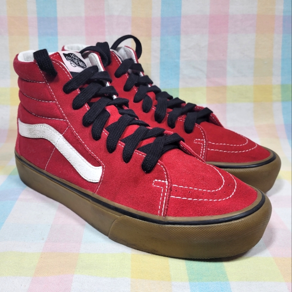 Racing Red Vans Sk8 hi top platform gum soles skateboard shoes